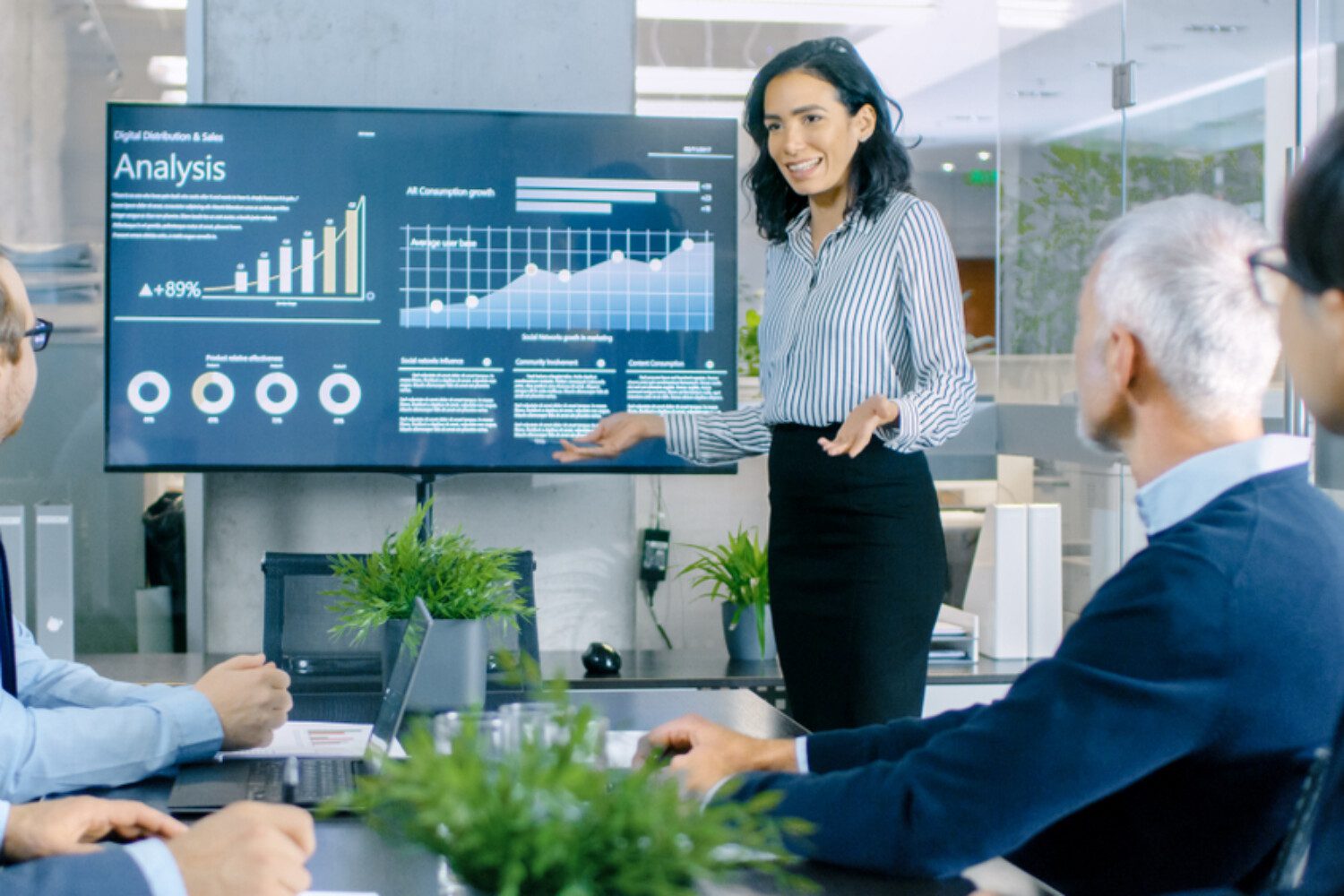 a woman giving a business presentation with a chart and graph