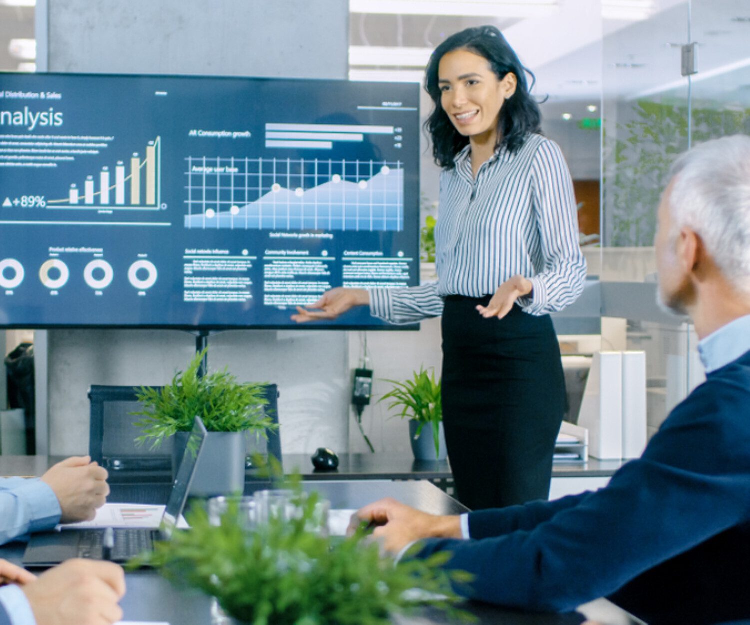 a woman giving a business presentation with a chart and graph