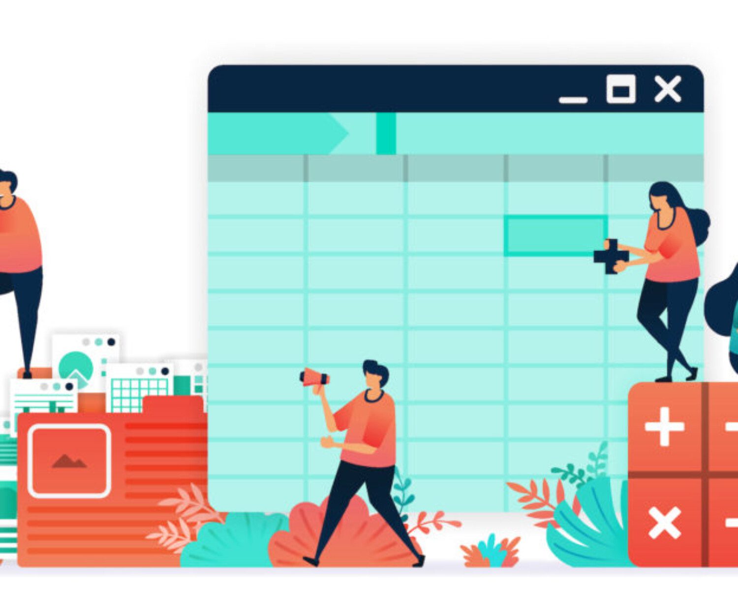 Digital art of people and an Excel sheet