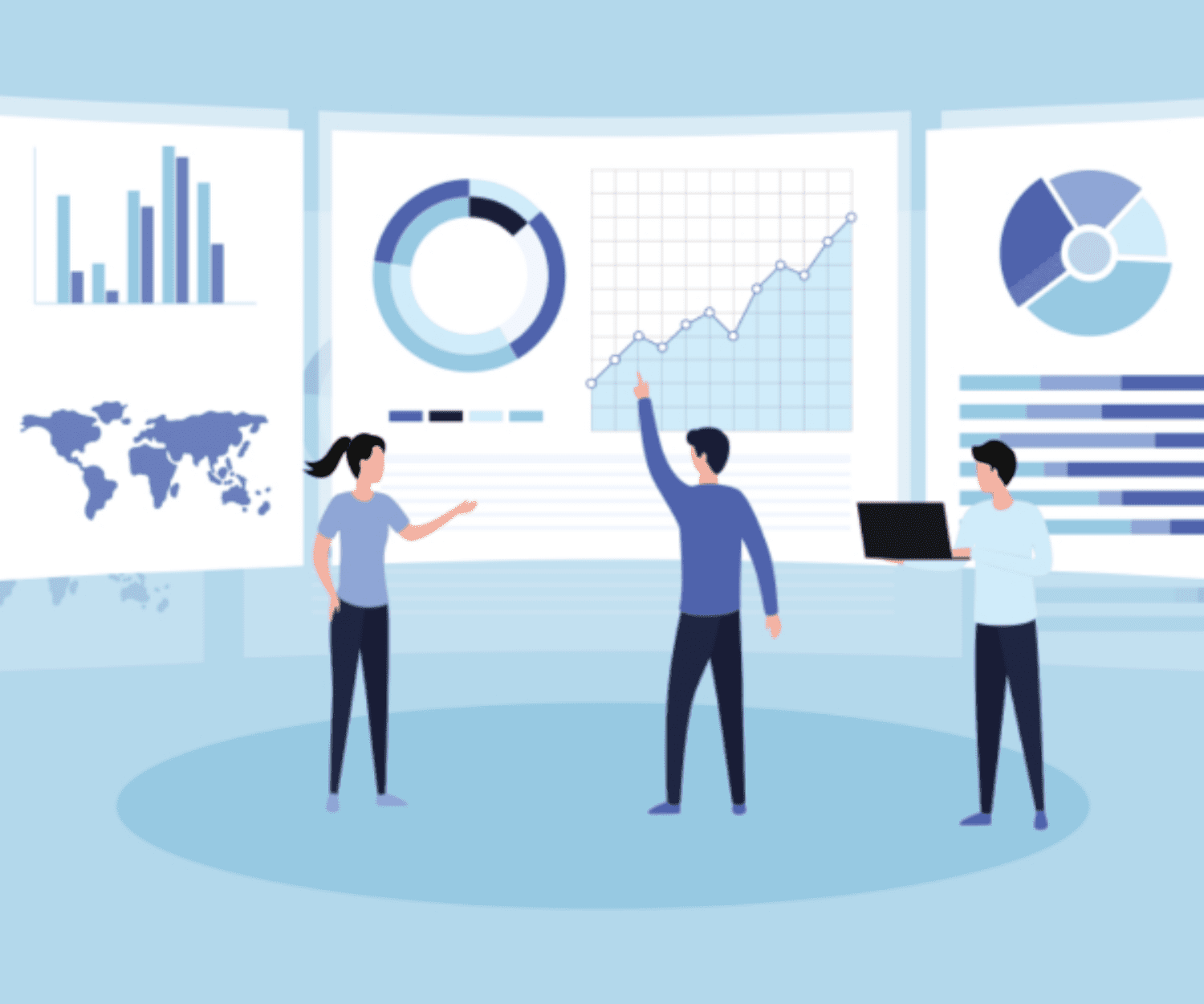 digital drawing of three people looking at different charts