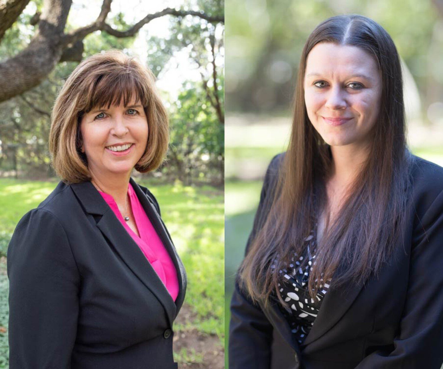 Side-by-side headshots of two women outside