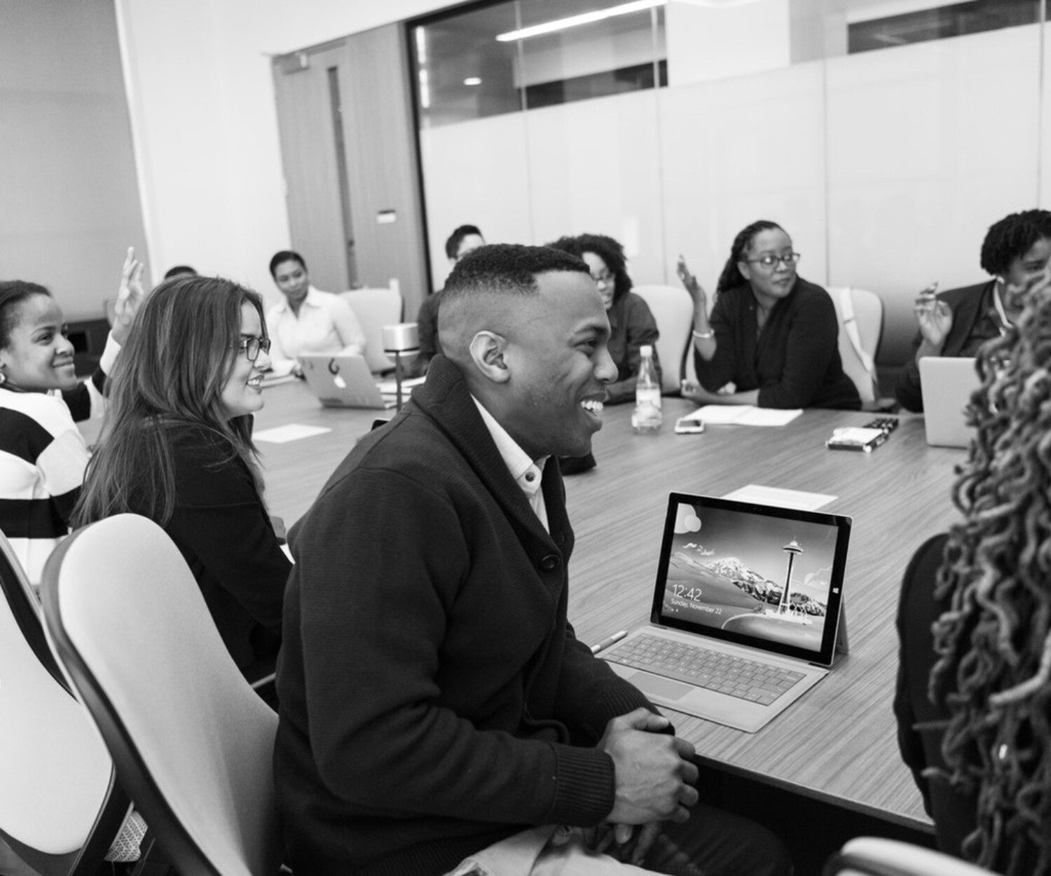 Black and white photo of a business meeting