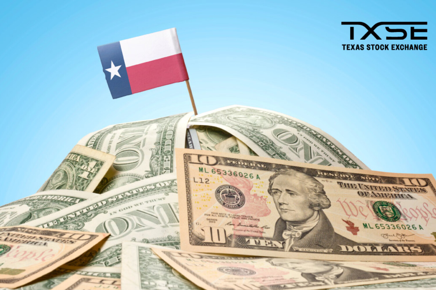 Pile of US dollar bills with a small Texas flag on top against a blue background.
