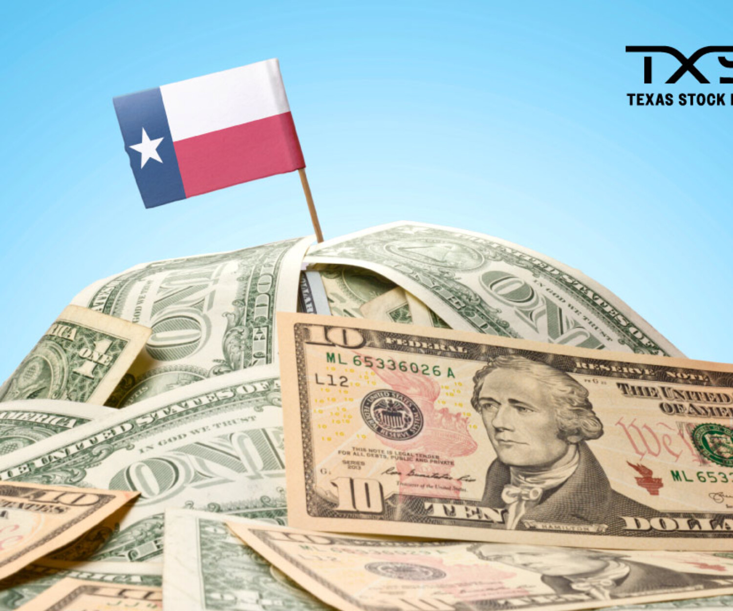 Pile of US dollar bills with a small Texas flag on top against a blue background.