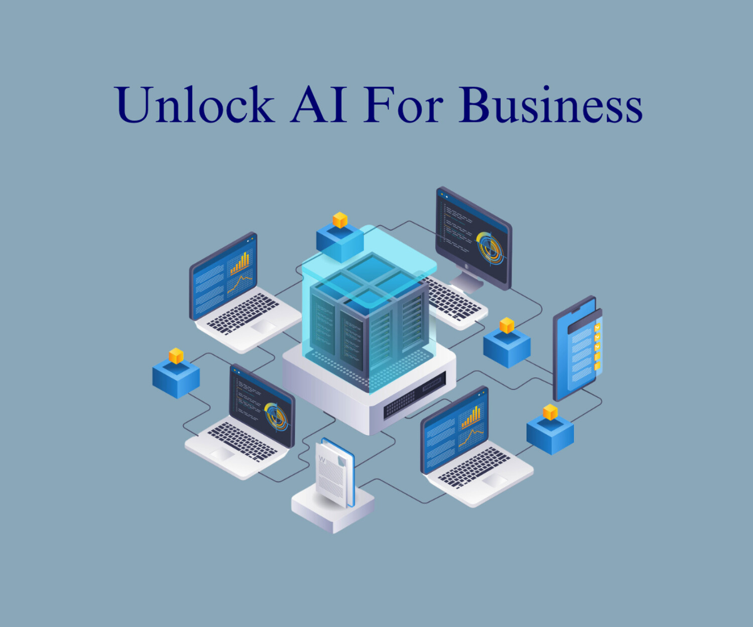 Illustration of interconnected laptops, tablets, and server with data charts. Text reads 'Unlock AI For Business | Webinar Playback.' Professional tone.