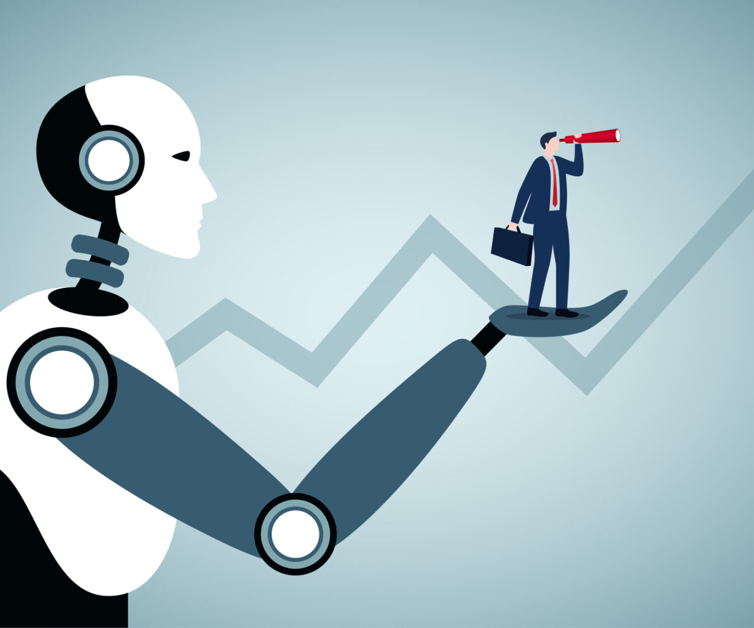 A digital illustration of an android holding a businessman in its hands. There is a trend line going up in the background.